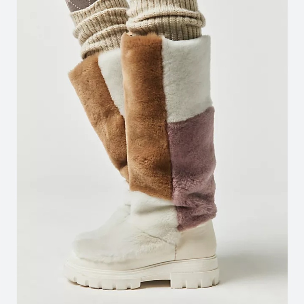 New Free People Fur Patchwork Colorblock Tall Leather 7.5 White Purple Boots - Picture 8 of 8